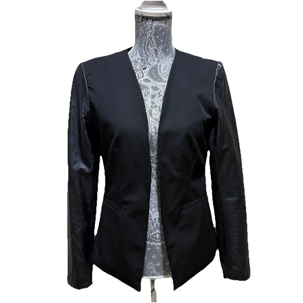 ABS Platinum Moto Blazer Black Faux Leather Sleeve Open Front Jacket S Flaws